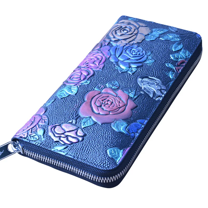 

ONEFULL QUALITY Women Genuine leather long floral wallet lady retro national style wallet blue credit card holder wallets brand