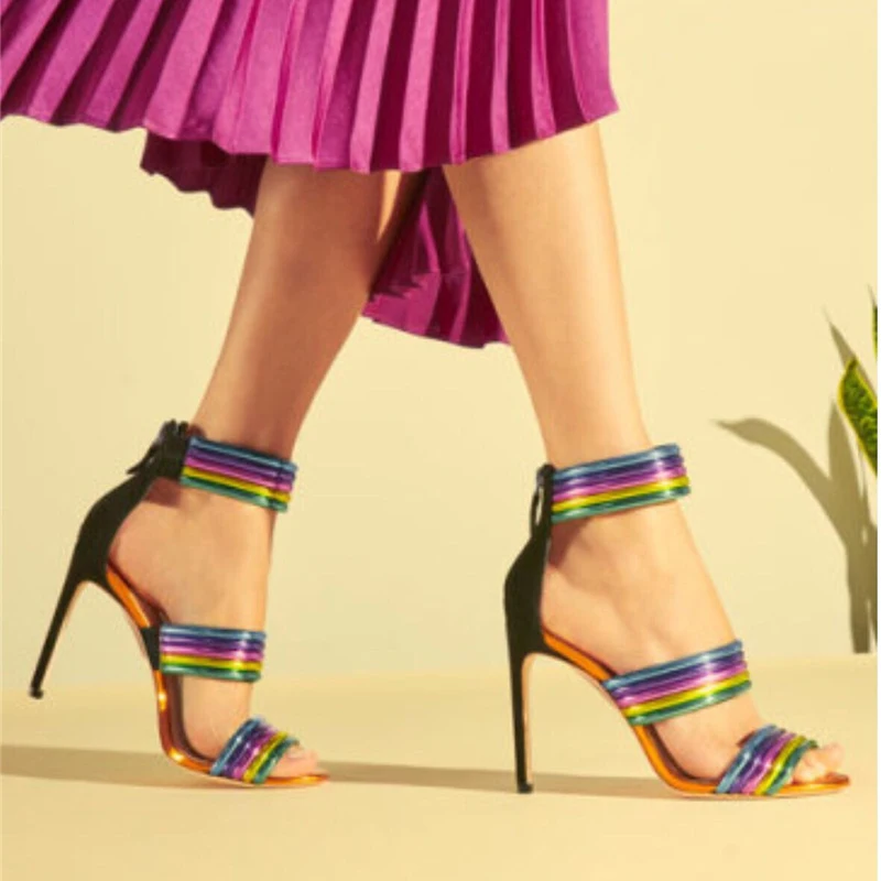 

2019 Summer Fashion Women 11.5cm High Heels Rainbow Strap Stripper Colorful Sandals Female Fetish Shoes Lady Valentine Pumps