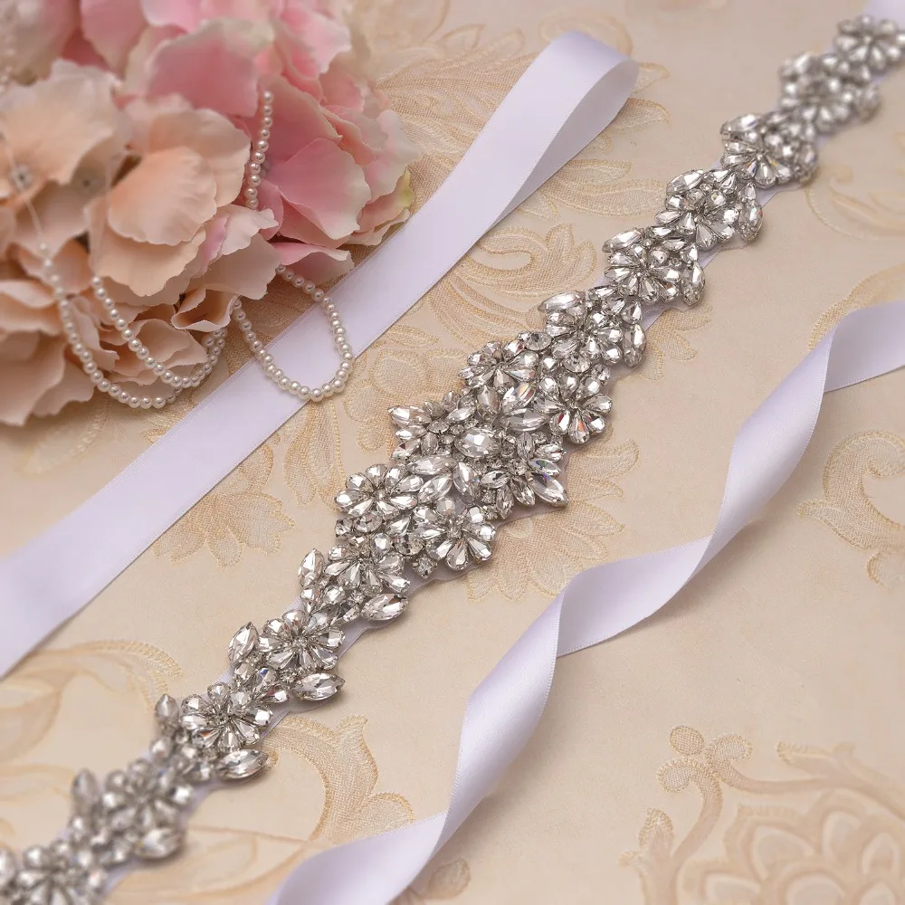 

Yanstar Rhinestones Bridal Belt Silver Crystal Belt Handmade Diamond Belts For Wedding Dress 35WB911