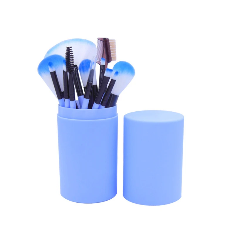 12 шт./компл. макияж кисти инструмент тени для век основа бровей губ кисти косметические держатель для чашки кожаный чехол Комплект - Handle Color: Синий