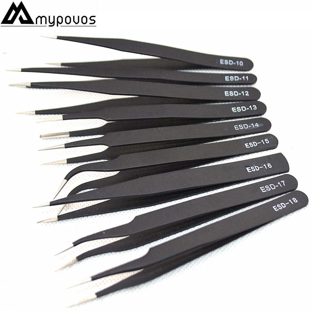 

9Pcs Tweezers ESD 10-18 High-elastic Anti-static Stainless Steel Soldering Tweezers Hand Tool Set for Soldering Station Tool Kit