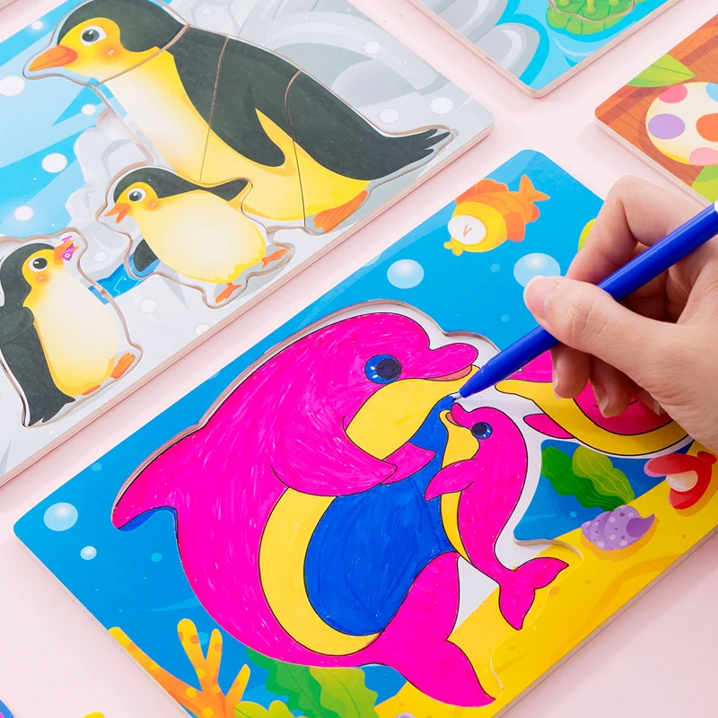 

New DIY Coloring Wooden Jigsaw Puzzles kids painting board Kindergarten Early Education Doodle Toddler Toys for chlidren