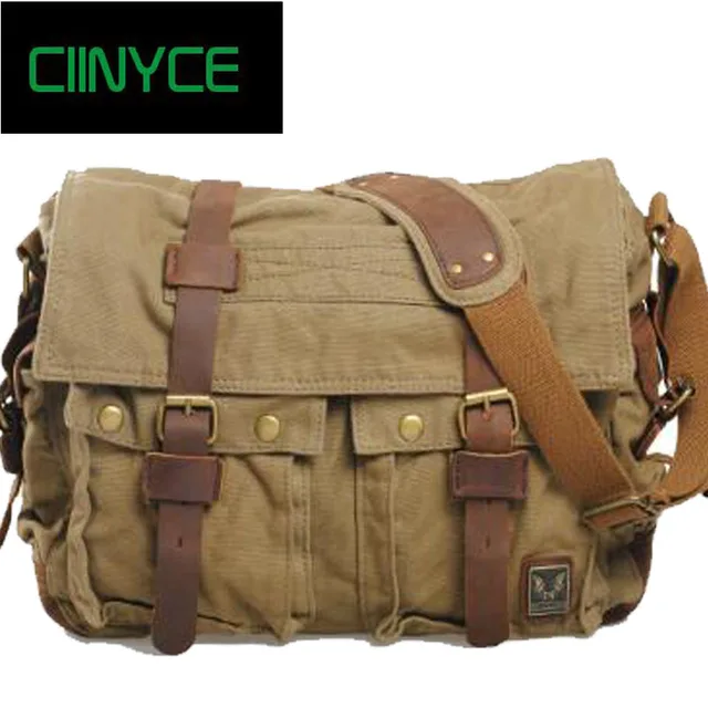 Real Hot Satchels Vintage Canvas Crazy Horse Leather Soft Man Real Hot Satchels Vintage Canvas Crazy Horse Leather Soft Man Bags Retro School Military Style