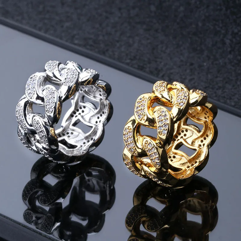 

2019 New Fashion Male Ring Gold Color Bling Ice Out AAA CZ Hip Hop Ring Cuban Link Chain Rings for Men Women Top Quality Jewelry