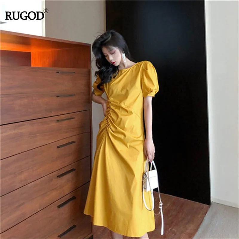 

RUGOD 2019 bohemian solid pleasted drawstring puff sleeve empire waist dresses super fairy casual lady cotton vestidos