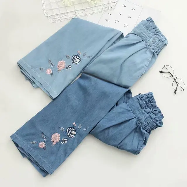 PANT WOMEN Japanese Mori girl small fresh embroidery elastic waist loose wide leg pants casual thin days jeans PANTS