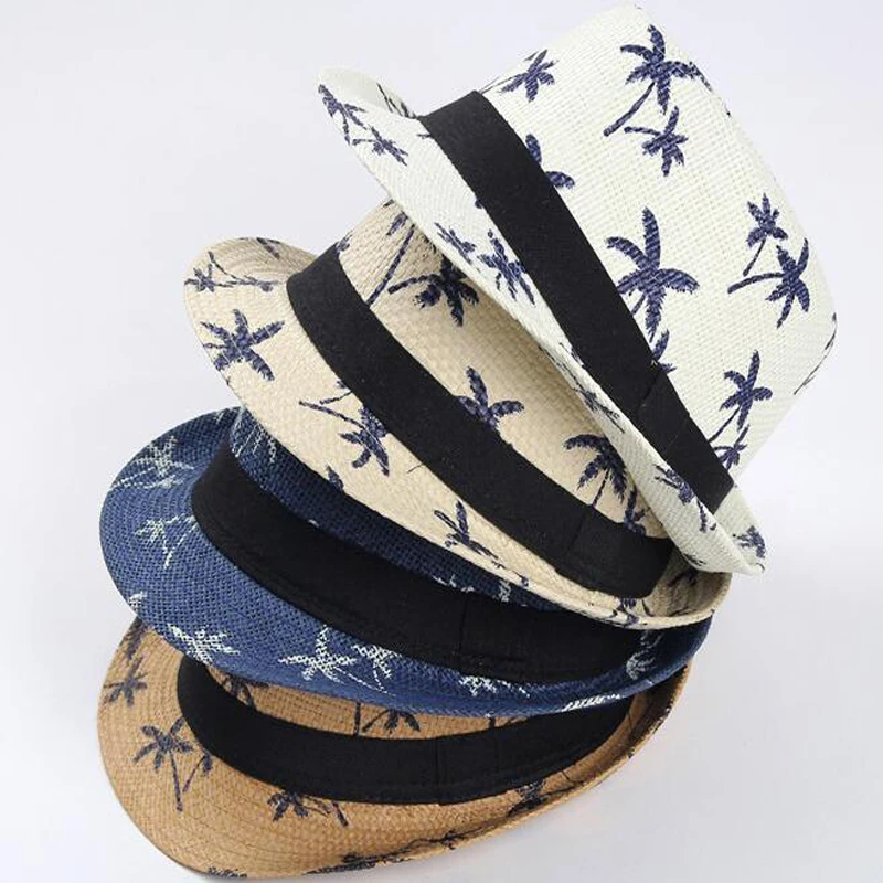 Unisex Summer Panama Straw Beach Caps Breathable Coconut Trees Print Vacation Sunshade Fedora Hat Short Brim Sports Sun Caps2