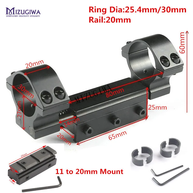 

One Piece Flat Top Dual Rings 25.4mm/30mm w/Stop Pin 20mm Rail Picatiiny Dovetail Weaver Airgun Rifle 11mm to 20mm Mount Adapter