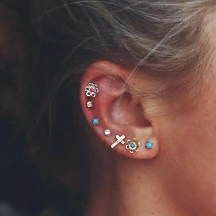 

1set=7PC Boho Earrings Set Flower Daisy Cross Rhinestone Ancient Tibetan Silver Stud Earrings For Women Vintage Beach Jewelry