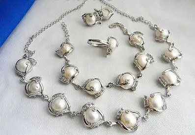 

Free shipping hot sale Women Bridal Wedding Jewelry >>12MM White Baroque Freshwater Pearl Necklace Bracelet Earring Ring Set