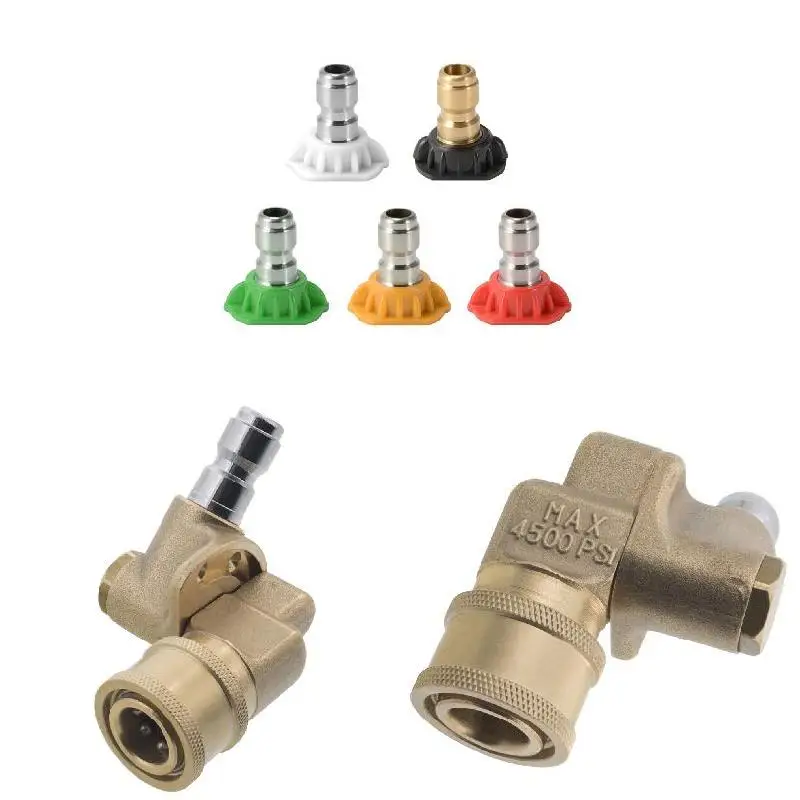 

1/4 Inch 90 Degree Pressure Washer Quick Connect Pivot Coupler 5 Spray Nozzle Tips 4500PSI LB88