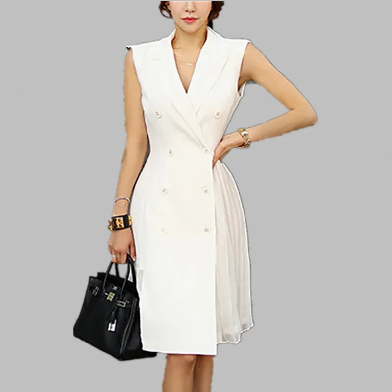 

HAMALIEL High Quality Women Double Breasted Dress Fashion Summer Notched Patchwork Chiffon White Dress Office Lady Pleated Dress