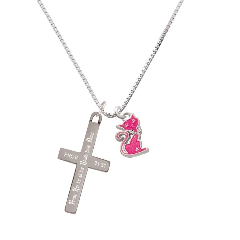 Hot Pink Glitter Cat - Praise Her - Cross Necklace