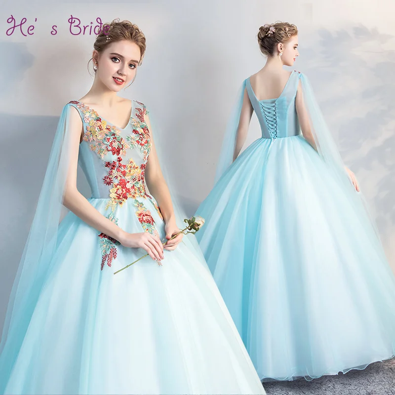 

He's Bride New Elegant Blue Sleeveless Shawl Cape V-neck Lace Up Back Ball Gown Floor-Length Wedding Dress Vestido De Novia