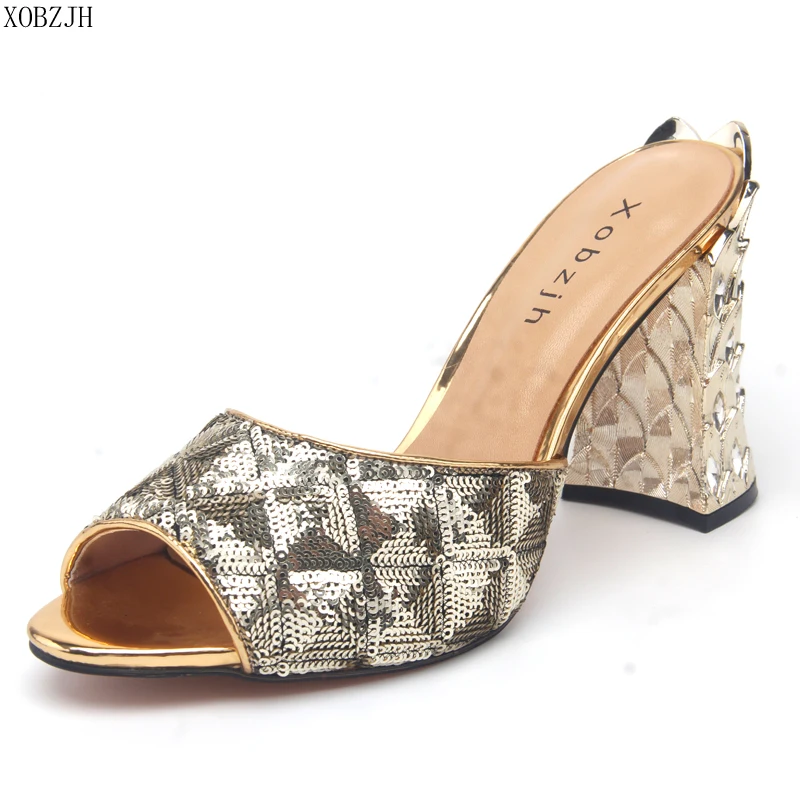Женская летняя обувь; прозрачные босоножки золотистого цвета на высоком каблуке; свадебные туфли; коллекция года; женская обувь с открытым носком и блестками; Роскошная Брендовая женская обувь; американский Размер 11
