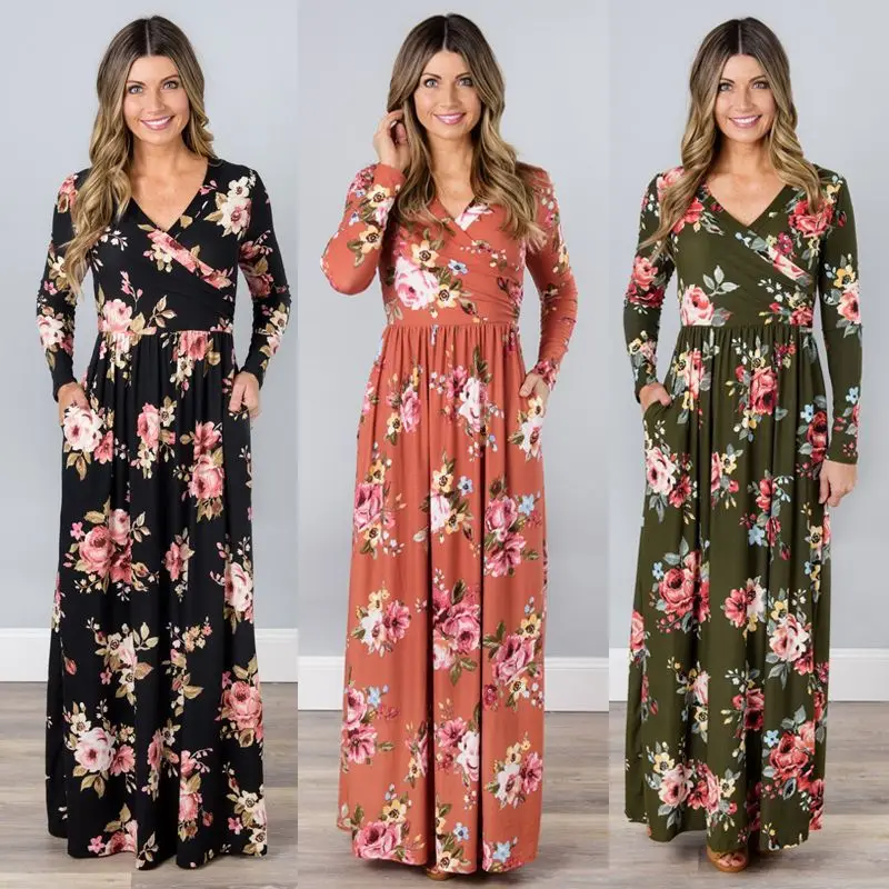 Koop BKLD 2018 Lente Lange Jurk Bloemenprint Boho Strand Jurk Tuniek Maxi Wrap Jurk Vrouwen Met Lange Mouwen V hals Jurk