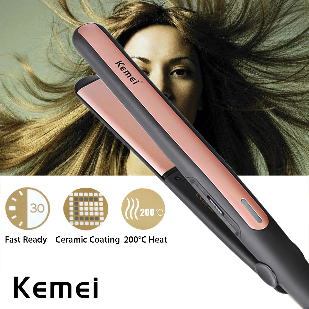 

KEMEI KM-2131 Instant Heat Hair Straightener 360 Degree Cord Ceramic Tourmaline Safety Professional Hair Iron with Safety Lock