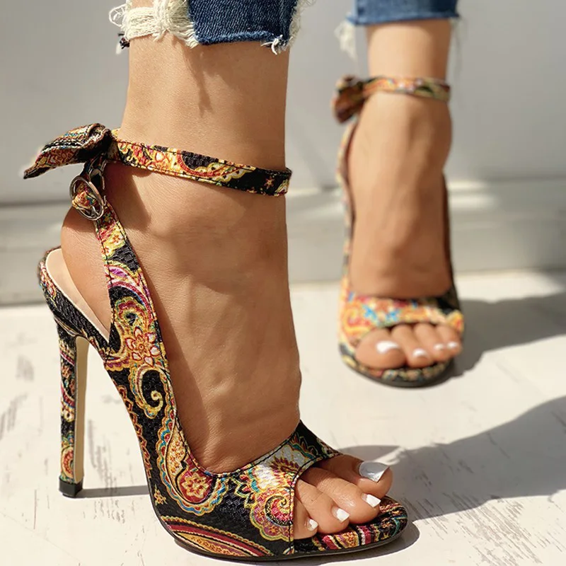 Women Summer Thin High Heels Pumps Fish Mouth Bow Hollow Out Cross-tied Pumps Party Wedding Shoes Sandals