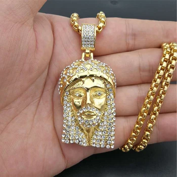 

Hip Hop Iced Out Bling Jesus Christ Head Pendant Necklace For Men Gold Color Stainless Steel Rhinestones Necklace Hiphop Jewelry