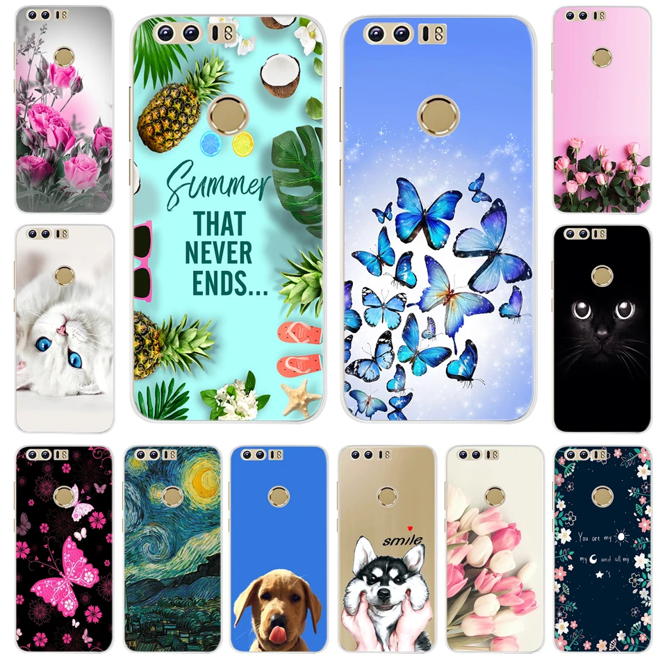 Мягкий силиконовый чехол из ТПУ для Huawei Honor 8 милый с изображением кота и цветов
