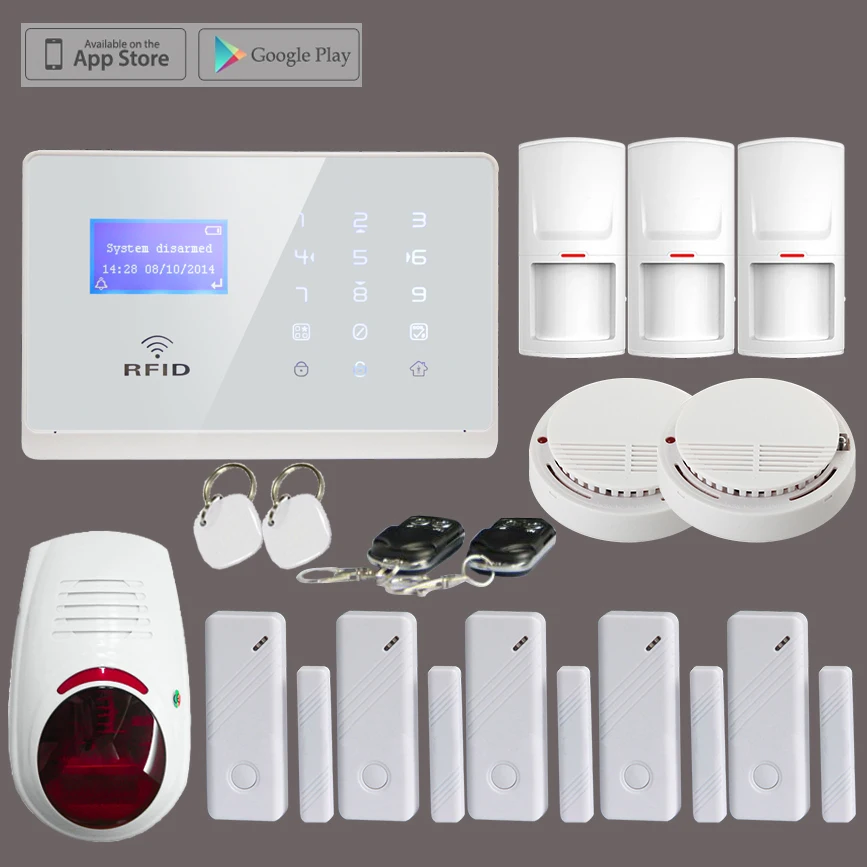 

Wireless GSM SMS Home Security Fire Alarm System+3*PIR Sensor+5*Door Contact+2*Smoke Sensor+1*Outdoor Waterproof Strobe Siren
