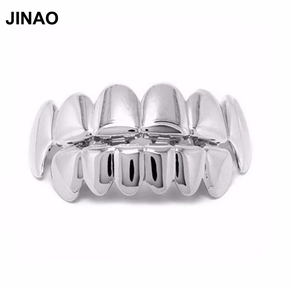 

JINAO New Custom Fit Silver Plated Hip Hop Teeth Grillz Caps Top & Bottom Grill Set for Halloween Christmas Party vampire teeth