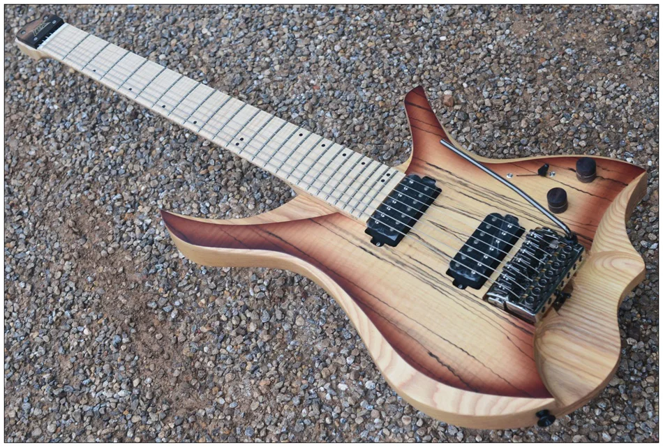 7 Strings Headless Electric Guitar style brown burst spalted curly