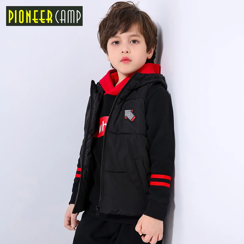 

Pioneer camp kids new winter cotton vest for boys toddler boys winter clothes printed hooded vest boys children black BMJ809084