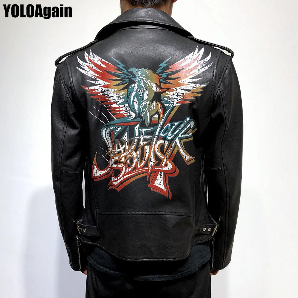 

YOLOAgain Men's genuine leather jacket Male long sleeve back printed zipper black real sheep leather jacket