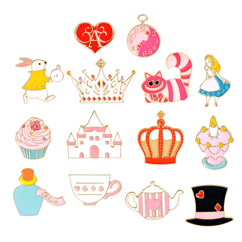 

1 pcs Cartoon Fairy Tale Pins Rabbit Alarm Clock Cat Cake Hat Teapot Candlestick Crown Castle Brooch Jacket Collar Badge Jewelry