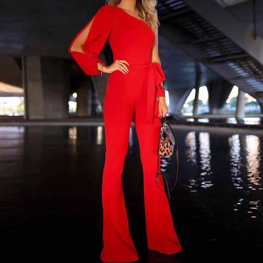 Women Solid Long Sleeve Cold Shoulder Jumpsuit Casual Clubwear Wide Leg Pants Jumpsuit long pants overalls for women L30627 - Цвет: RD