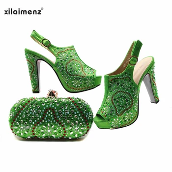 

New Arrivals Italian Shoe and Bag Set Nigerian Women Decorate with Rhinestone Shoes Matching Bag Set in Green Color