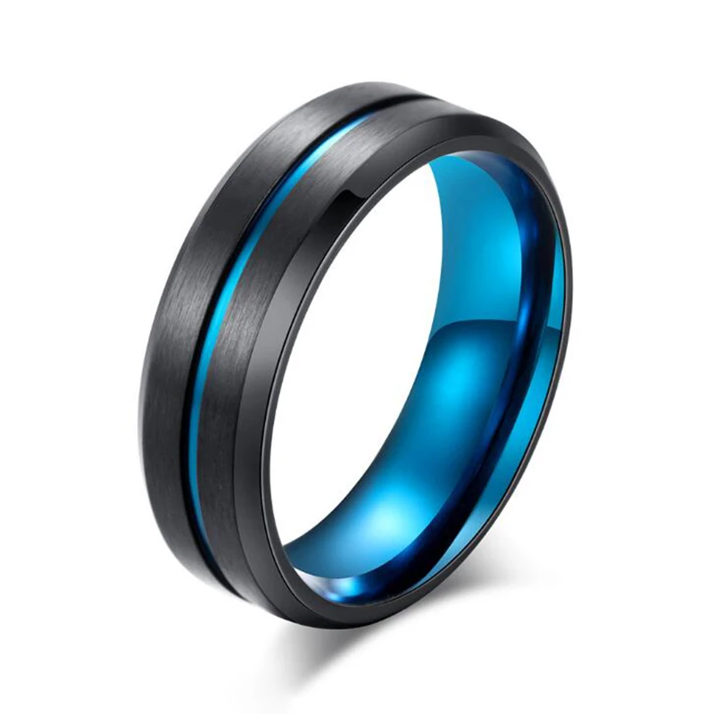 Обручальное кольцо для мужчин и женщин из нержавеющей стали голубого золота кольцо с канавками матовая отделка черная титановая лента кольцо - Цвет основного камня: Blue