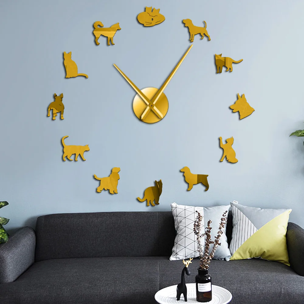 

Cute Dog and Cat DIY Giant Wall Clock Home Decor Wall Art Clock Veterinary Frameless Large Wall Watch Animal Lovers Vet Gifts