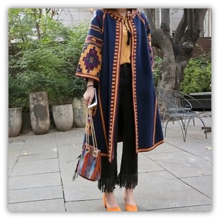 

2019 Spring Autumn Long Knitting Coat Women's Folk Style Vintage Geometry Pattern Long Cardigan Loose Outwear Overcoats Trench