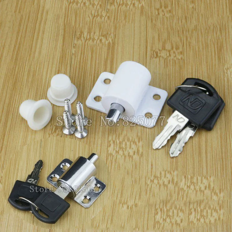 

Wholesale 30 Sets Sliding window lock with key child safety protection lock anti-theft door push lock Silver&White color KF1074