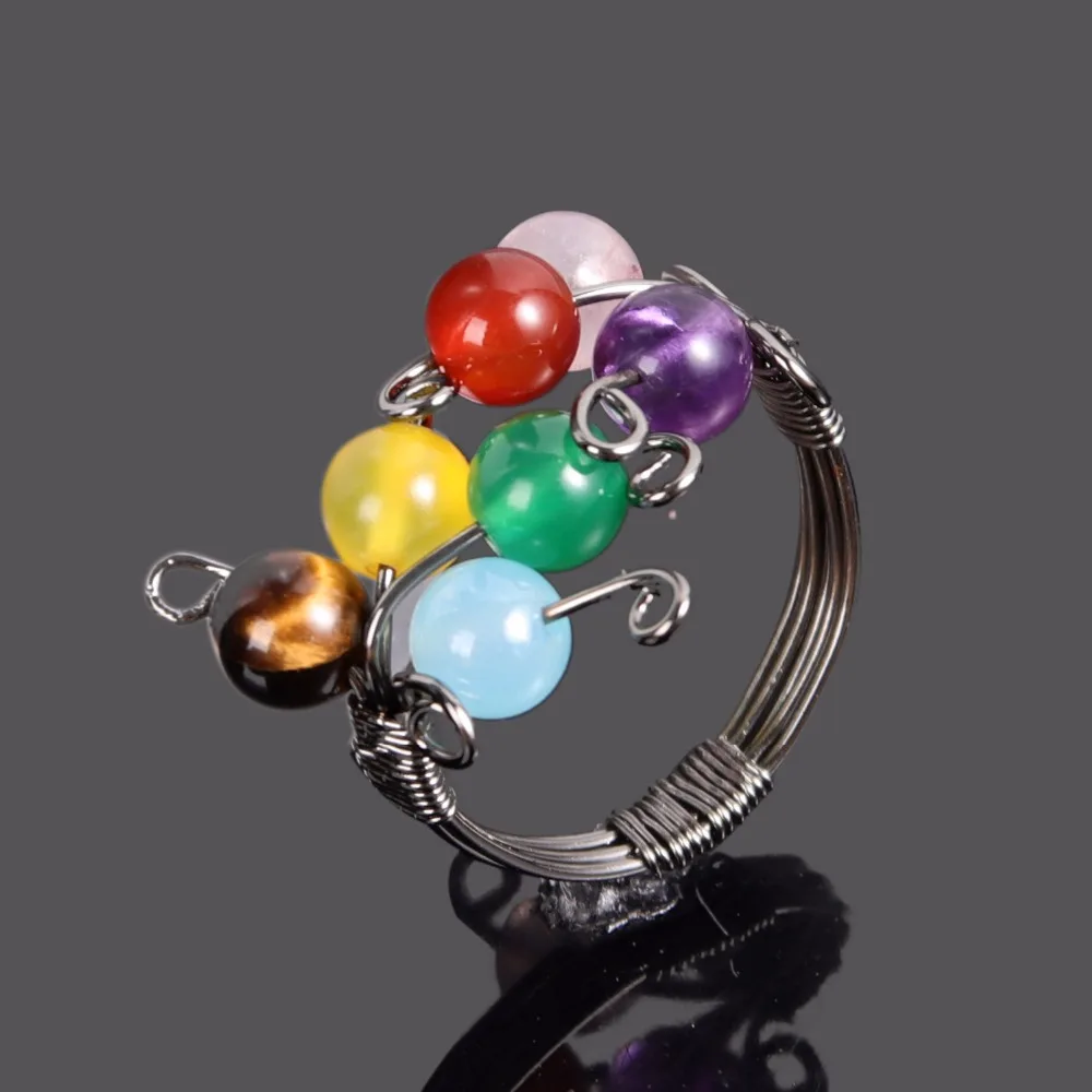 

Natural Stone Agates Amethysts Quartz Tiger Eye Beaded Rings Adjustable Cuff Rings Rainbow 7 Chakra Reiki Stone Mid Rings Women
