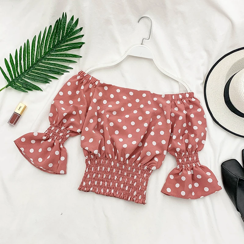 

Chic Slash Neck Short Flare Sleeve Retro Dot Print Elastic Pull-back Skinny Short Crop Tops Chiffon Blouses F143