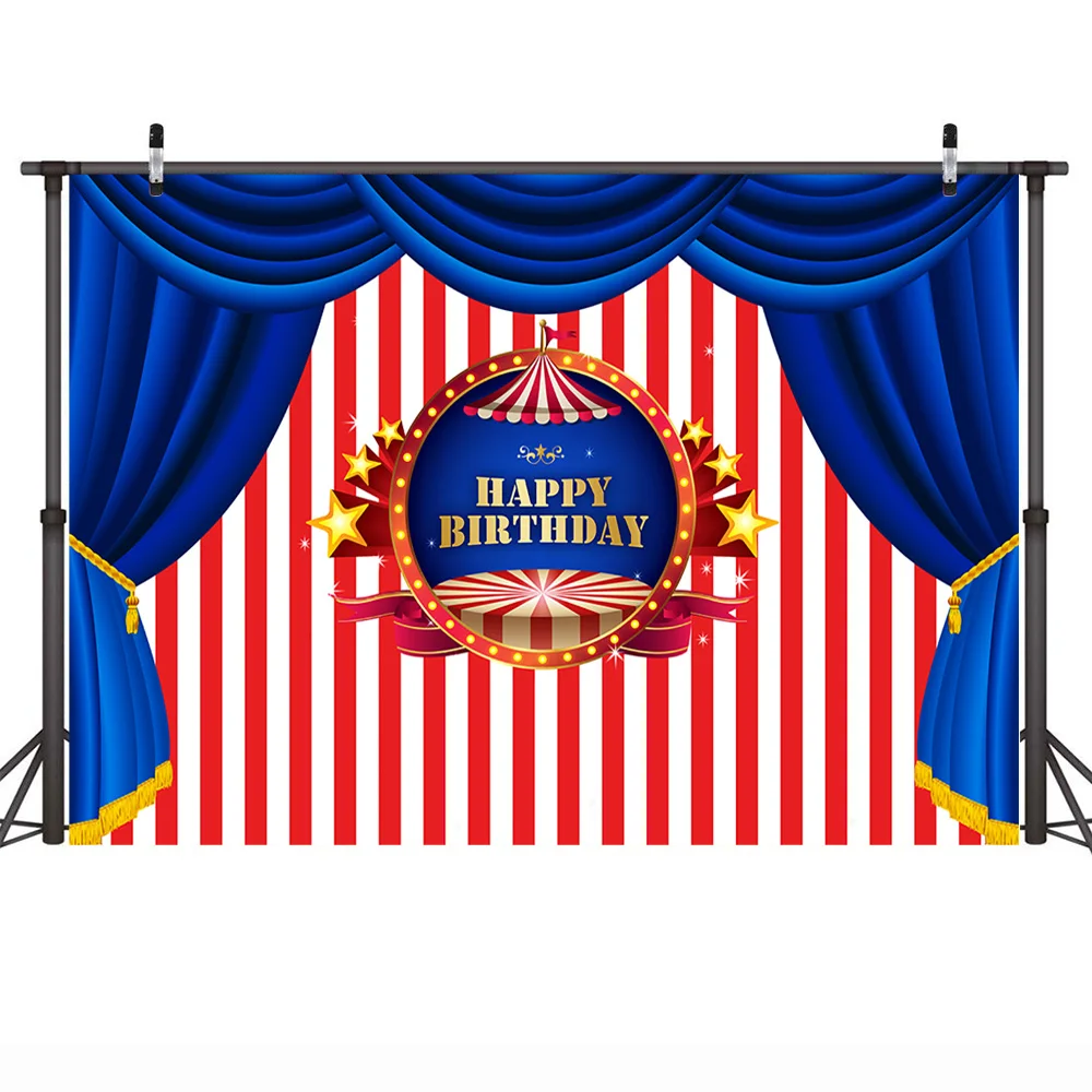 Royal Stage Style Birthday Backdrop for Photography Circus Party Photo Background White and Red Stripes Blue Curtain Backdrops