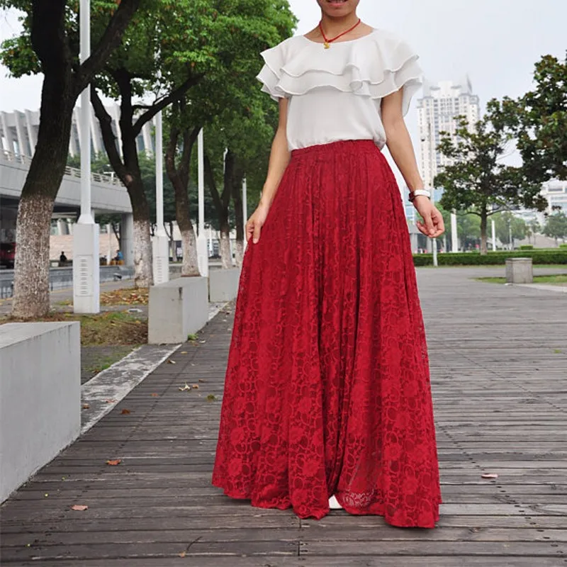 

Spring Summer Exquisite Lace Skirt Elastic Waistline Floor Length Full Maxi A Line Skirt Customized Long Adults Skirts