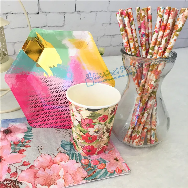 48 Sets Floral Paper Tableware Country Chic Party Supplies Flower Straws Hexagon Foil Paper