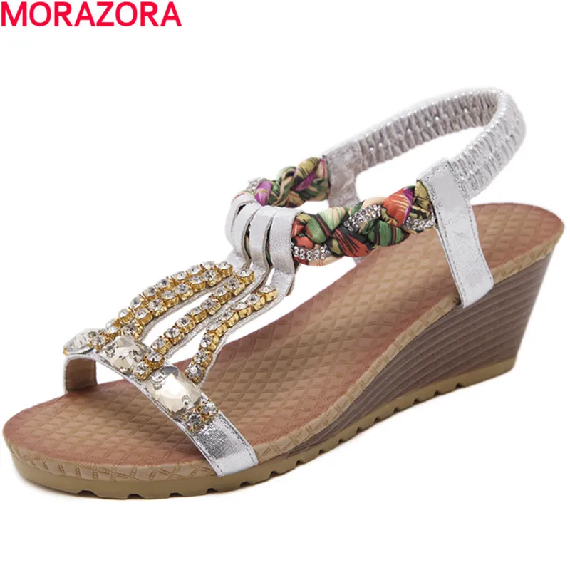 

MORAZORA new arrival rhinestone pu leather shoes wedges high heels shoes fashion women sandals party shoes platform