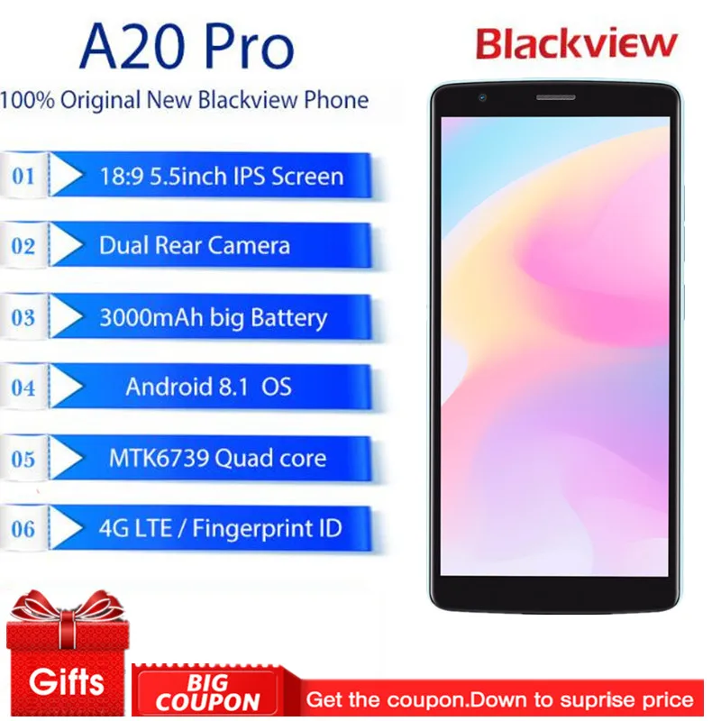  Original Blackview A20 Pro 4G Mobile Phones Android 8.1 2GB+16GB Quad Core Smartphone Dual Back Cam