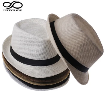 LUCKYLIANJI Parent-Child Kid Child / Men Women Fedora Gangster Cap Beach Sun Straw Panama Hat Sunhat ( Choos Size:58cm /54 cm)