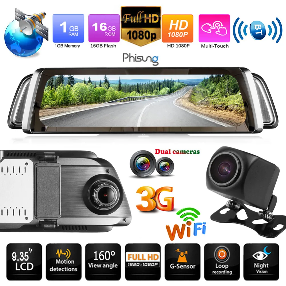 

Phisung 9.35in Dual Lens Car DVR Camera Bluetooth 3G WiFi Android 5.0 Car Rearview Mirror Dash Cam Video Recorder GPS G-sensor