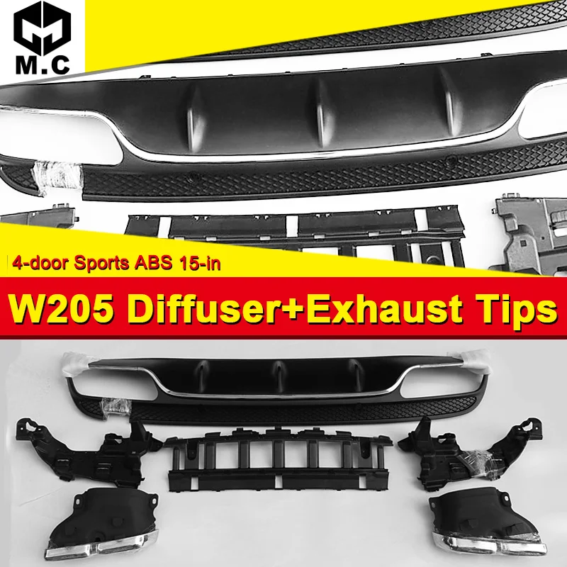 

W205 Diffuser+Exhaust Tips Fit For Benz W205 Sport 4 door ABS Rear Bumper Diffuser Lip 4-Outlet Exhaust Endpipe C180 C200 2015+