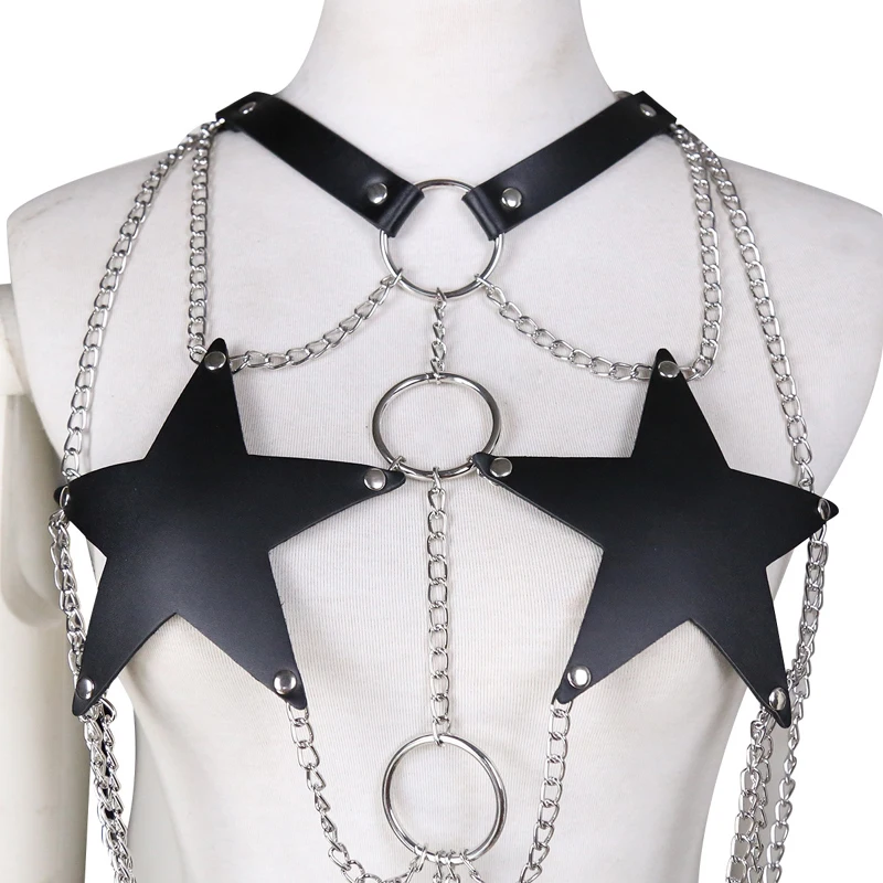 Сексуальный женский черный кожаный бюстгальтер-Пентаграмма с вырезом на шее, топ, жгут, в стиле панк, готика, с металлической цепочкой, ремни, пояс для связывания, Клубные вечерние, танцевальная одежда