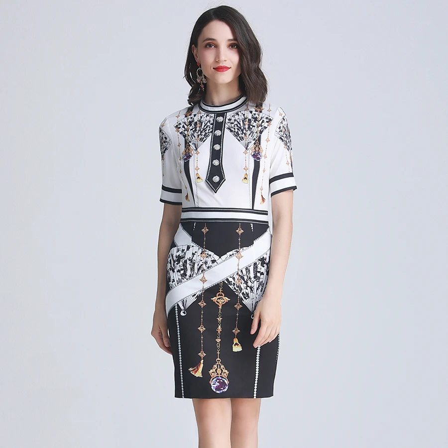 

VERDEJULIAY Work Bodycon Dress 2019 Summer Fashion Short Sleeve Fan Diamond Printed Dress Crystal Buttom Slim Mini Dress