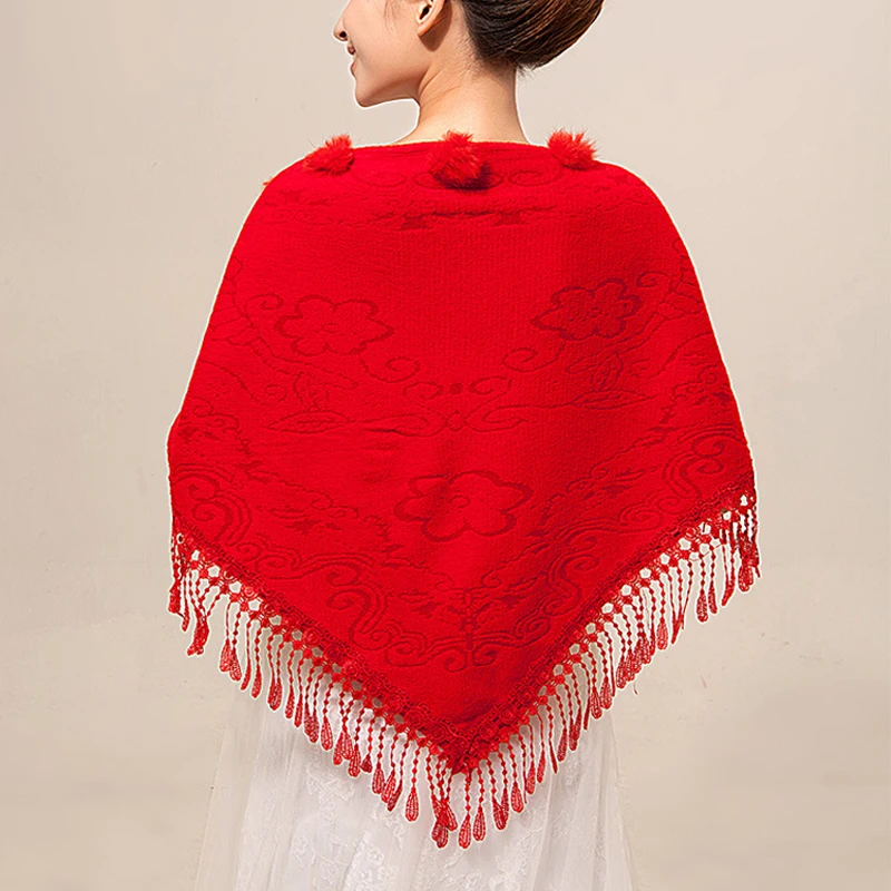 

NEW Solid Red Wedding Shawl Fashion Triangle Women's Cashmere Rabbit Fur Shawl Scarf Scarves With Fine Tassel Flowers 1124