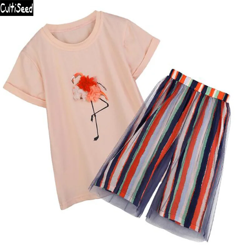 

Cutliseed Girl Set Clothing 2019 Children Summer Short Sleeve T-shirt+Half Striped Pant 2pcs Set Suits Girl Sweet Casual Sets